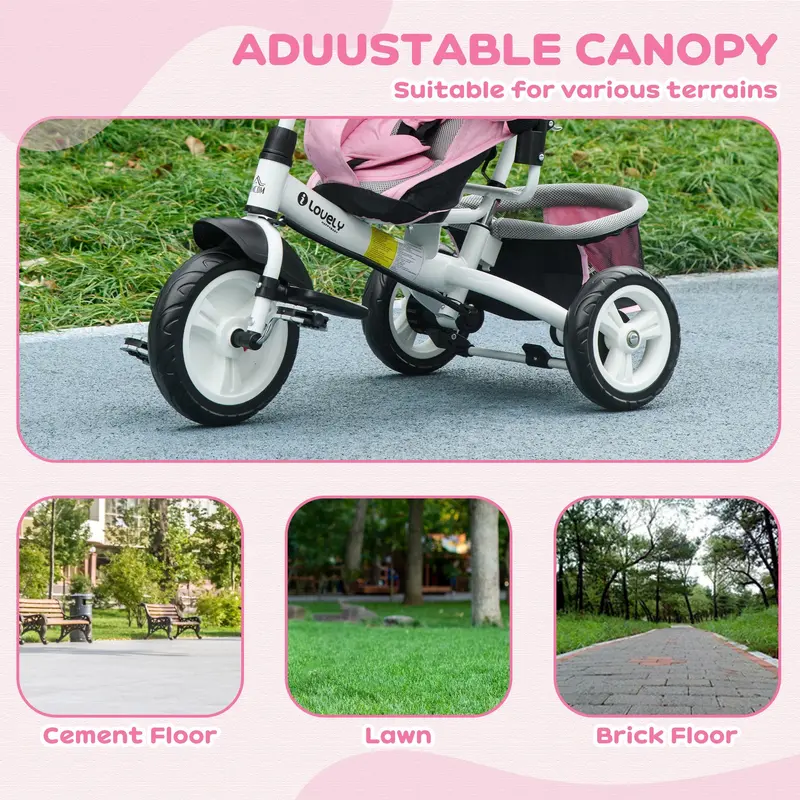 HOMCOM 4 in 1 Kids Trike Push Bike w/ Push Handle, Canopy, 5-point Safety Belt, Storage, Footrest, Brake, for 1-5 Years, Pink | Aosom UK 5