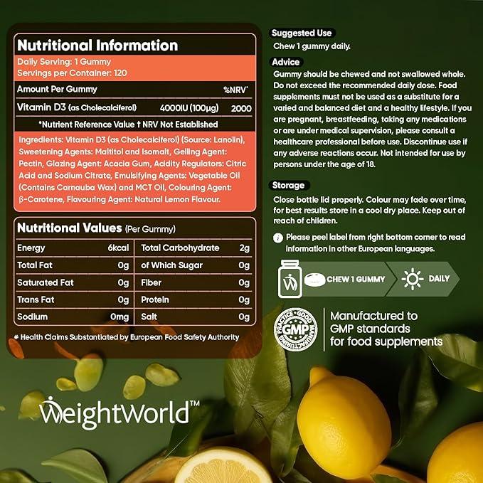 WeightWorld Vitamin D3 Gummies Adults 4000IU - Sugar-Free - 4 Months Supply - Natural Lemon Flavour - 120 Chewable Vitamin D3 Gummies - Vegetarian Friendly - High Strength Vitamin D Dietary Supplement - GMO & Gluten Free 3