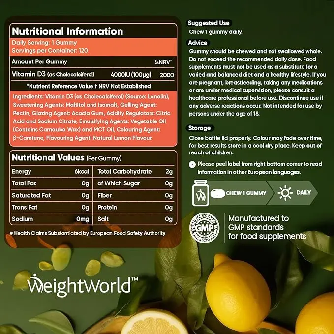 WeightWorld Vitamin D3 Gummies Adults 4000IU - Sugar-Free - 4 Months Supply - Natural Lemon Flavour - 120 Chewable Vitamin D3 Gummies - Vegetarian Friendly - High Strength Vitamin D Dietary Supplement - GMO & Gluten Free 2