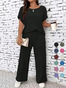 【Plus Size】 2 Counts Women's Textured Batwing Sleeve Tee & Elastic Waist Pants Set, Casual Short Sleeve T-shirt & Straight Leg Trousers, Clothes