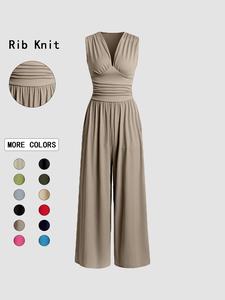 Women's Plain Ruched Deep V Neck Wide Leg Jumpsuit, Casual Sleeveless Ribbed Jumpsuit for Daily Wear, Ladies Clothes for All Seasons, Casual Basic Jumpsuit