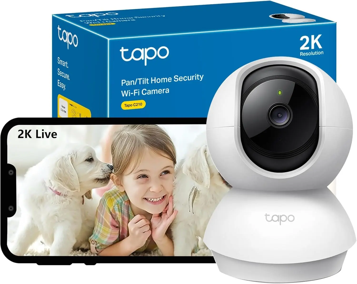 C210 2K 3MP Pan/Tilt Indoor Camera House Security Camera, WiFi Camera, No Monthly Fee, AI Detection, Dog Puppy Camera, Baby Camera Monitor, 360° View, Night Vision, Works with Alexa & Google