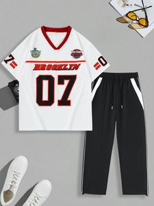 Men's Letter & Number Print Short Sleeve Tee & Pants Two-piece Set, Casual V Neck T-shirt & Trousers for Summer, Men's Clothes for Daily Wear