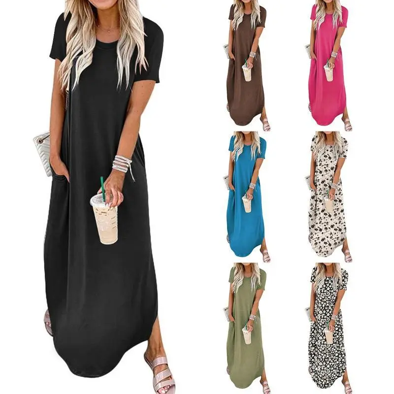 Women's Plain Pocket Round Neck Curved Hem Tee Dress, Ladies Frenchy Style Dresses, Maxi Dress for Women, Casual Short Sleeve Long Dress for Summer, Ladies Clothes for Daily Wear, Summer Dresses 2025