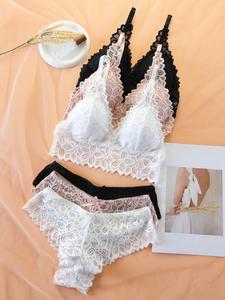 Women's Contrast Lace Wireless Bra & Bow Panty Set, Fit Lady Stretchy Adjustable Spaghetti Strap Bralette & Knicker, Intimate Products, Underwear Set, Wireless Bras for Women, Womenswear Everyday