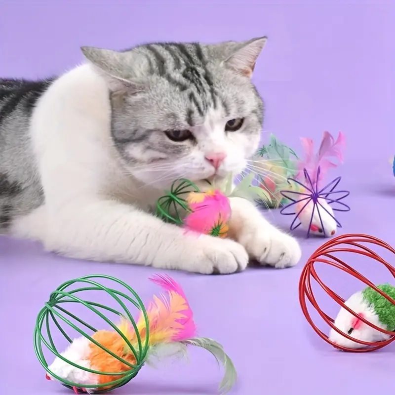 Cat Toy Cage Mouse Teaser Stick with Artificial Feather Tail Mini Ball Self-Entertaining Cat Toy 4