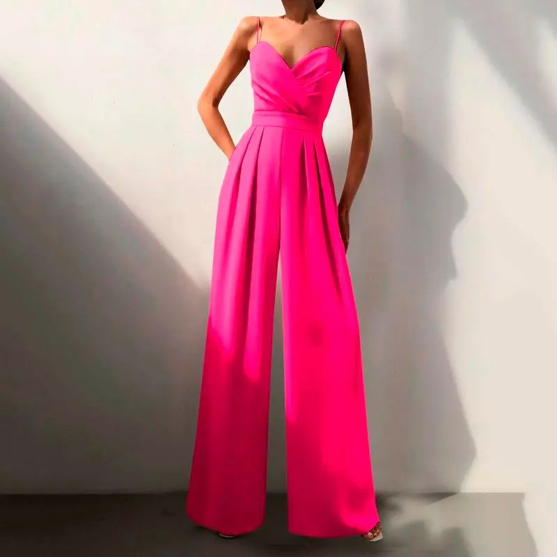 [2025]Elegant Suspenders V Neck Jumpsuit Women Fashion Sleeveless Backless High Waist Jumpsuit Solid Color Party Overalls For Women 3