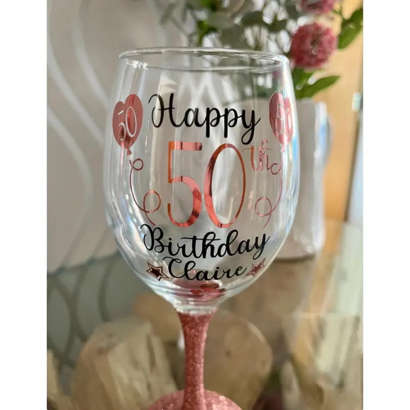 Personalised Glitter Birthday Glass Balloon design - 18th, 21st, 30th, 40th, 50th - Lit Wine Bottle Gin Wine - Rose Gold and many other colours available - Stylish, Drinkware 3