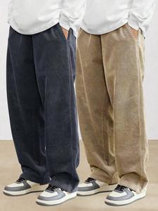 Men's Solid Corduroy Pants, Casual Comfy Elastic Waist Straight Leg Trousers for Fall & Winter, Men's Bottoms for Daily Wear