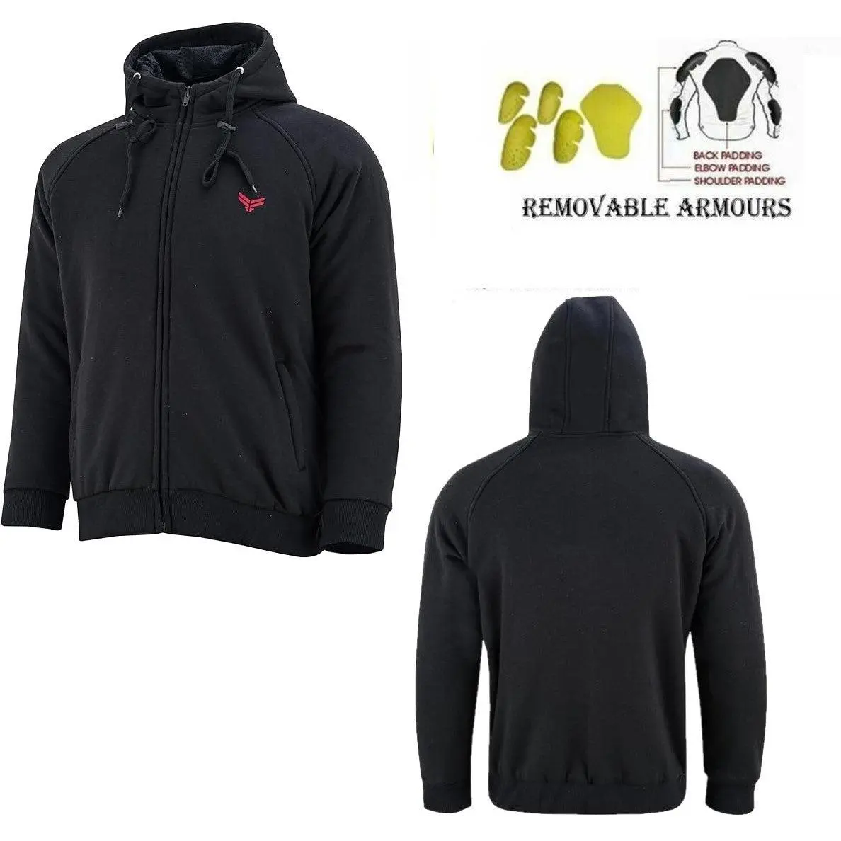 Motorcycle Motorbike Armoured Black Hoodie Hoody Fleece Jacket Zip Up Removable Armour
