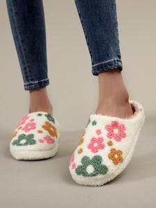 Women's Floral Embroidery Plush Thick Bottom Slippers, Casual Soft Comfortable Home Slippers, Fuzzy Warm Slippers for Indoor & Outdoor Use for Fall & Winter, White Footwear, Non Slip Slippers