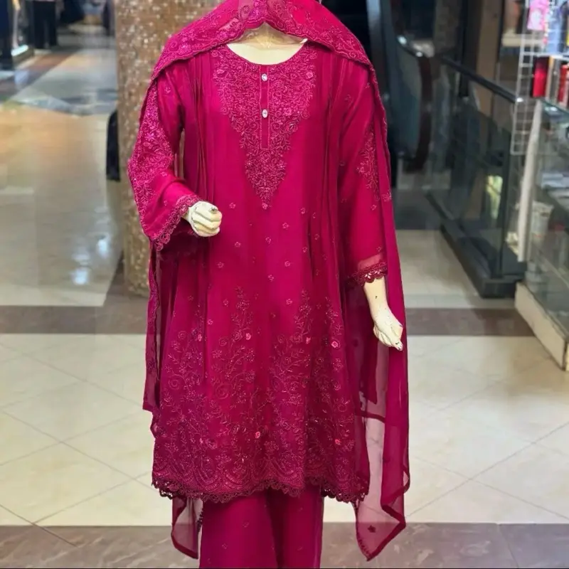 Three Piece Full Embroidered Chiffon Frok Suit with Sharara- Luxury Part Wear Collection Dress Dupatta Asian