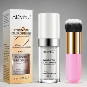 Aliver Color Changing Flawless Foundation 30ml+ Pink Makeup Brush, Light Texture, Non-greasy, Long-lasting Natural Look Makeup Effect, Mild Non-irritating, Glow Hydrating Liquid Foundation Moisturizer for Fair Skin People, Glam Cosmetics Products