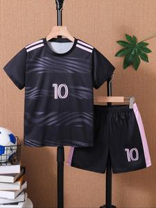 Two-piece Set Boy's Letter Print Short Sleeve Tee & Letter Print Shorts Football Set, Casual Comfy Breathable Football Jersey for Kids, Kids Football Training Set, Soccer Jerseys