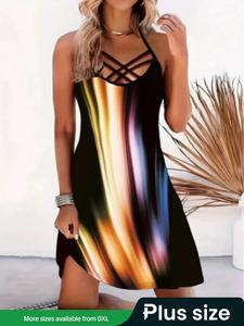 Women's Plus Size Colorful Print Criss Cross Cami Dress, Fashion Spaghetti Strap Sleeveless Graphic Dress, Women Plus Size Clothing, Dresses Summer