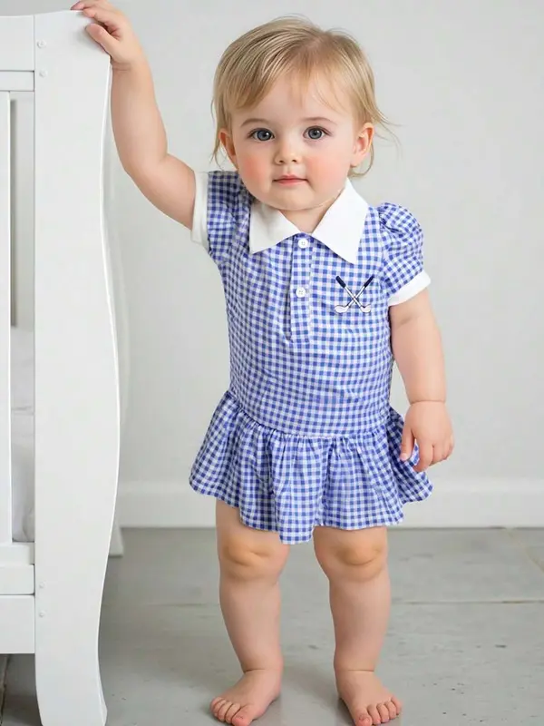 【Buy 1 with free gift】 Toddler Girl Summer Plaid Dress Lapel Short Sleeves Golf Club Embroidery A Line Dress 4