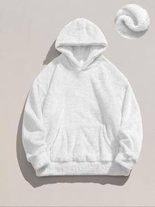 Men's Solid Drop Shoulder Pocket Thermal Lined Hoodie, Casual Loose Long Sleeve Hooded Sweatshirt for Fall & Winter, Men's Clothes for Daily Wear