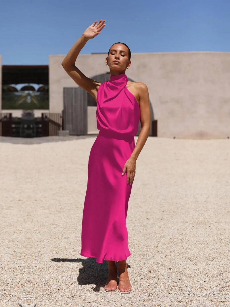 Product Introduction of 2025 Spring/Summer Long Dress for Women High Waist Halter Satin Sleeveless Dress Fashion Elegant Solid Evening Party Dresses 6