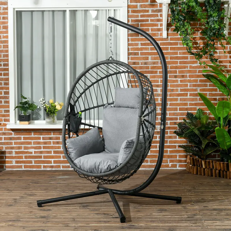 Outsunny Metal Stand Hanging Egg Chair, with Full Body Padded Seat - Grey 1