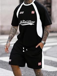Men's Letter Print Short Sleeve Tee & Track Shorts Two-Piece Set, Regular Fit Casual Round Neck T-shirt & Shorts, Men's Summer Clothes