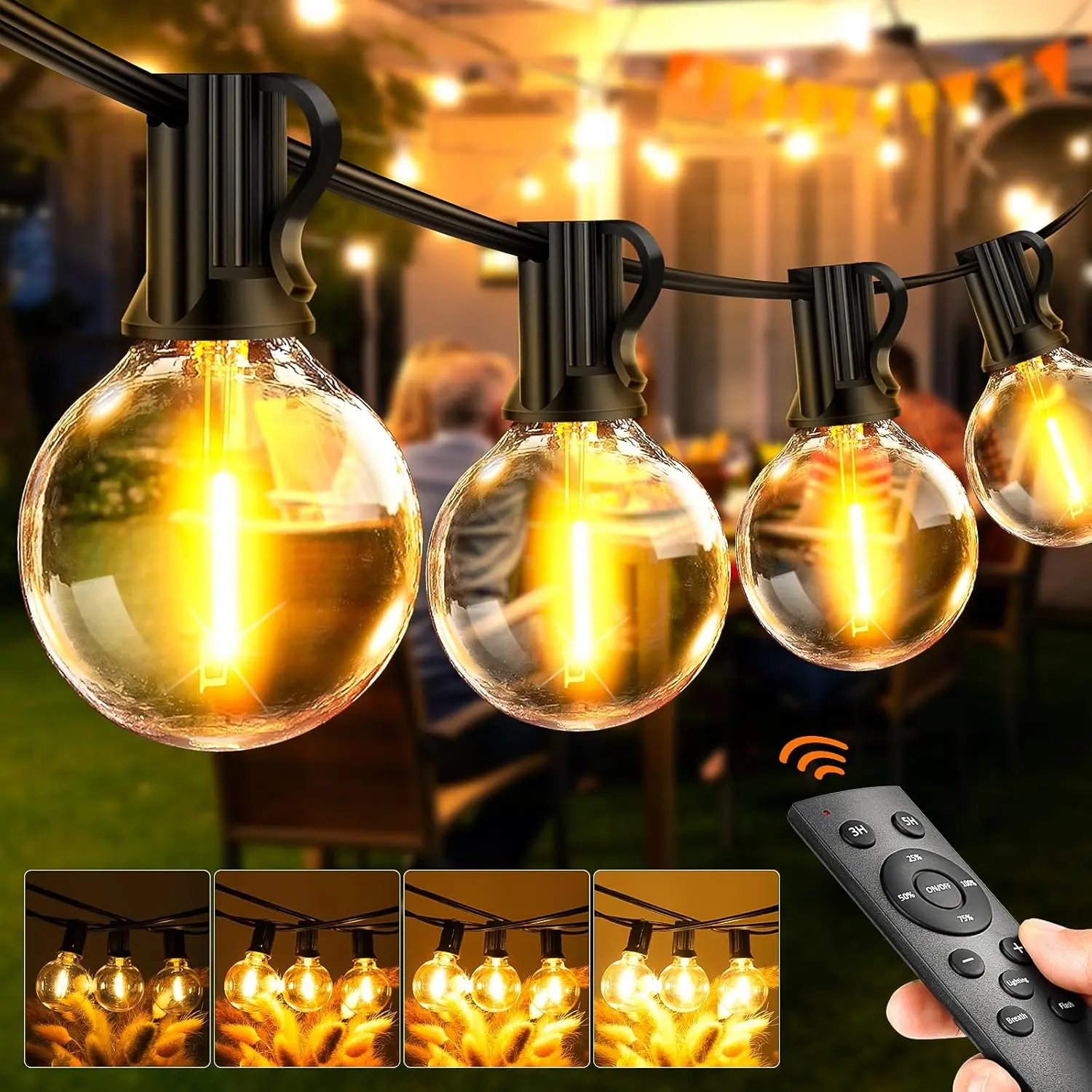 65.5ft LED Outdoor String Lights with Remote Control – Waterproof Garden Festoon Lights, Dimmable with Timer, Shatterproof Bulbs, Mains Powered Patio Lighting for Balcony, Pergola, Wedding, Café