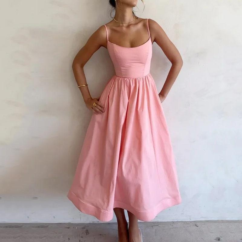 New Women's Clothing Temperament Commute Sexy Low-Cut Slim Fit Waist Trimming Spaghetti Straps Big Swing Dress Women Formal Womenswear 8