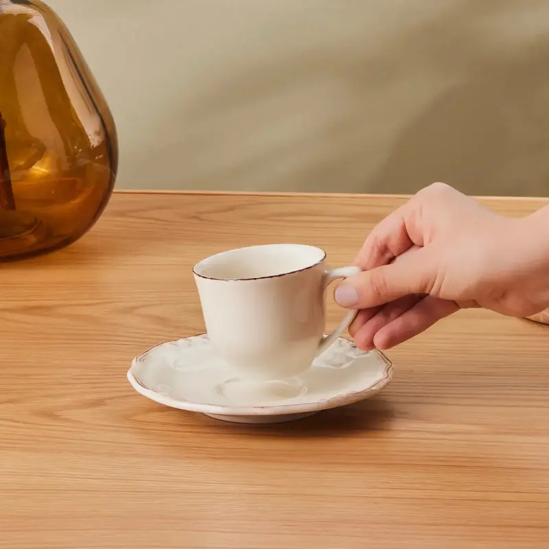 Karaca Elizabeth Ceramic Tea Cup and Saucer Set, 180ml, Ecru 4
