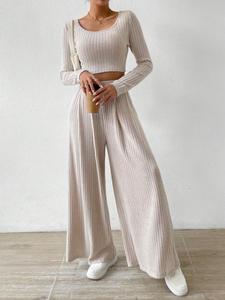 Women's Solid Long Sleeve Crop Top & Wide Leg Pants Set, Elegant Fashion Casual Cozy Top & Trousers for Daily Outdoor Wear, Ladies Outfits for All Seasons, Travel