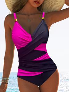 Women's Colorblock Cross Over V Neck One-piece Swimsuit, Casual Sleeveless Swimwear for Beach Holiday Vacation, Ladies Swimsuit for All Seasons