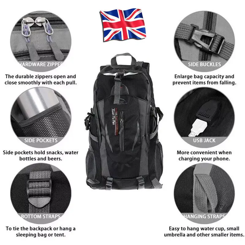 40L Large Waterproof Backpack Bag Camping Walking Hiking Outdoor Travel Rucksack 1