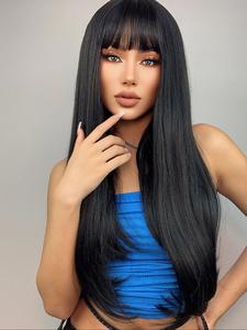 Fashion Straight Human Hair Wigs with Bangs, Natural Black 200% Density Full Machine Wigs, Glueless Human Hair Wigs for Women Daily Use