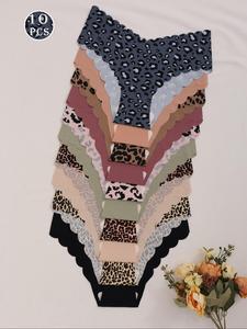 Women's Solid Color & Leopard Print Scallop Trim V Waist Panty, Soft Comfy Breathable Seamless Thongs for Daily Wear, Underwear for All Seasons