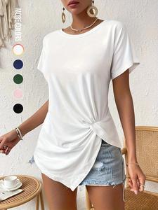 Women's Plain Asymmetrical Hem Tee, Fashion and Trends Casual Short Sleeve Round Neck T-shirt for Summer, Ladies Clothes for Daily Wear, Everyday