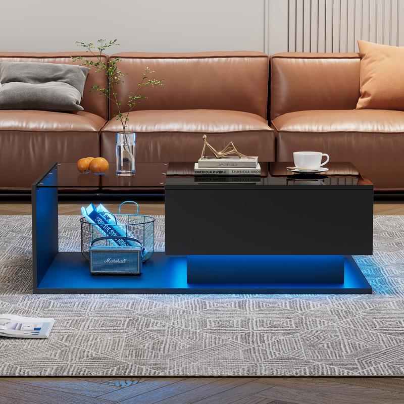 LED Coffee Table, Modern High Gloss Coffee Table, Center Table with Glass, Modern Coffee Table for Living Room with Drawer (Black) 1