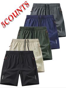 Men's Solid Zipper Design Pocket Elastic Waist Shorts, Regular Fit Casual Breathable Comfy Shorts for Summer, Men's Bottoms for Daily Wear, Clothing, Men's Shorts Summer, Casual Sport Shorts