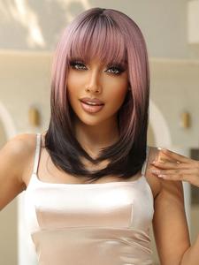 20 Inch Pink & Black Mid-length Long Straight Wigs for Women, Summer 2024 Gorgeous Fluffy Wigs with Bangs, Synthetic Full Machine Wigs for Party, Daily Use