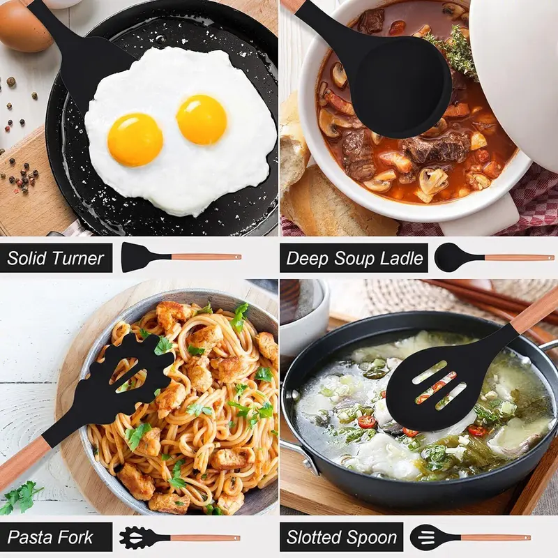 12Pcs Kitchen Utensils Set Silicone Cooking Nonstick Spatula Turner Spoon Tools with Premium Wooden Handles Easy Clean Non-Stick Black Utensils for Family Day Party Picnic 2