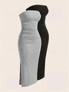 Women's Plain Ruched Split Hem Bodycon Tube Dress, Bandeau Dress for Daily Outdoor Wear, Sun Dresses, Dresses for Women