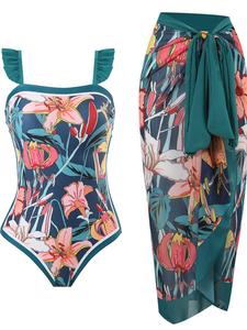Women's Floral Print One-piece Swimsuit & Cover Up Skirt Set, Casual Swimwear Set, Ladies Swimsuit for Beach Holiday Vacation, Bathing Suits, Swimsuit Summer, Swimsuit Beachwear, Plants Print Swimsuit