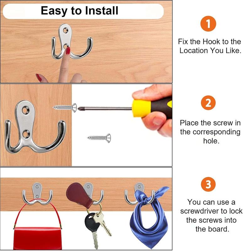 6 PCS Dual Coat Door Hooks, Double Prong Wall Mounted Hooks with 16 PCS Screws for Hanging Hat Tie Clothes Towel Metal Retro Cloth, Chrome Hanger for Bedroom Bathroom Kitchen,Silver 3