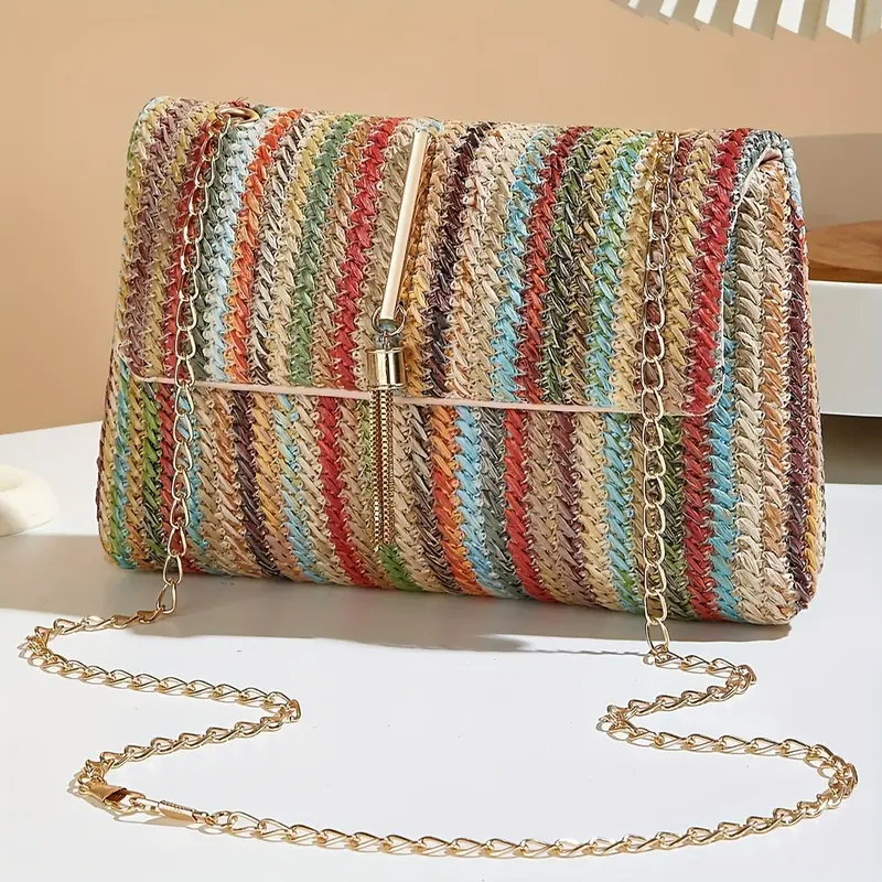 Chic and Elegant Rainbow Stripe Straw Crossbody Bag for Women - Adjustable Shoulder Strap, Magnetic Closure, Tassel Accent, Fashionable Square Purse 1