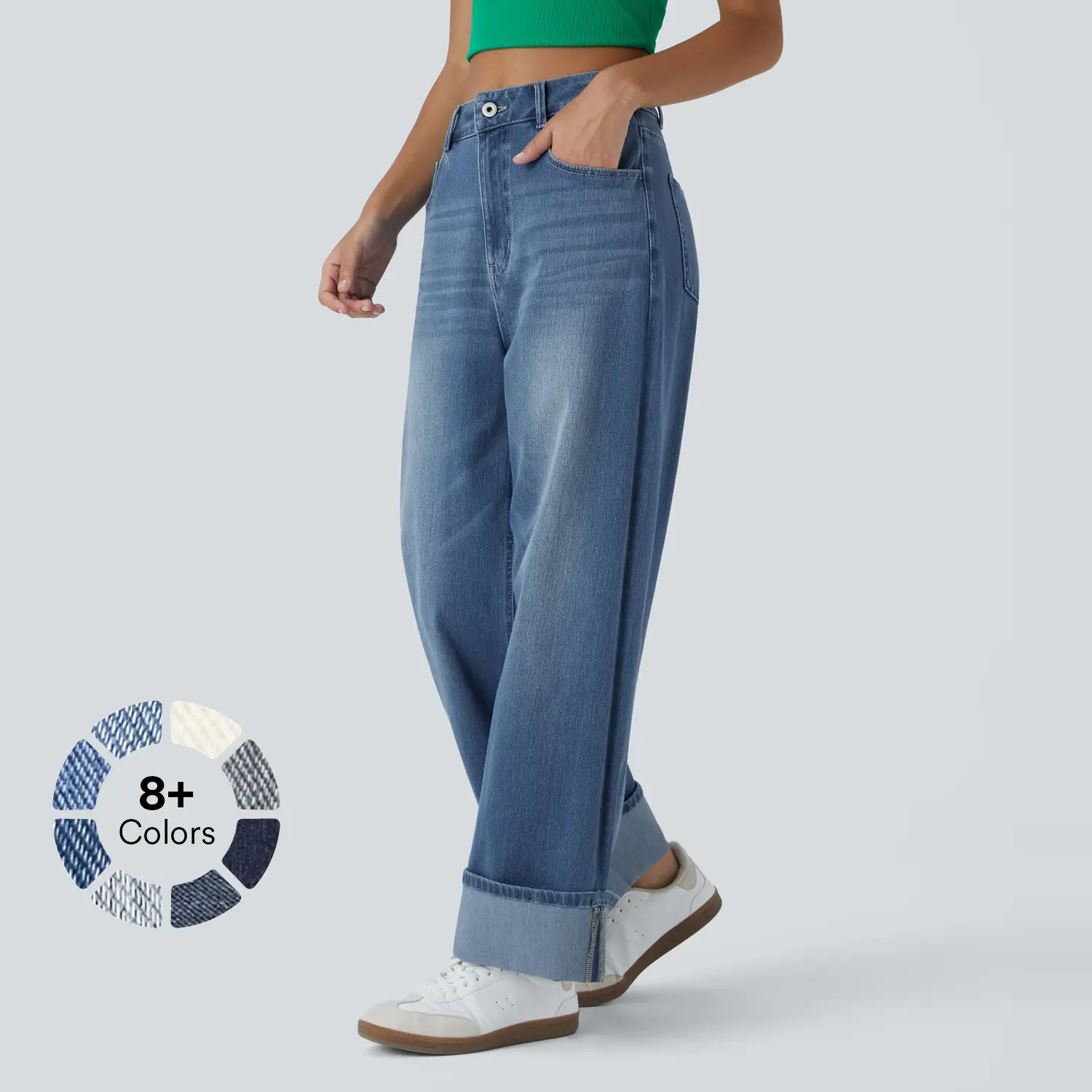 Halara Flex Women's High-Waisted Washed Knit Wide-Leg Jeans with Rolled Hem & Multiple Pockets – Stretchy Comfortable Fit #DealDrops