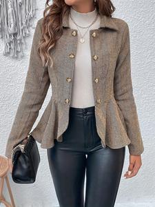 Women's Gingham Print Ruffle Hem Button Front Jacket, Casual Long Sleeve Collared Outerwear for Spring & Fall, Ladies Clothes for Daily Wear, Tops for Women, Womenswear