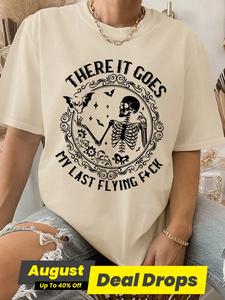 Women's Slogan Print Shortsleeve Round Neck Tee, Women's Skull & Letter Print Round Neck Tee, Trendy Casual Drop Shoulder Short Sleeve Tee for Daily Wear, Casual Summer Top, Clothes for Women, Streetwear Women, Womenswear, Tshirt