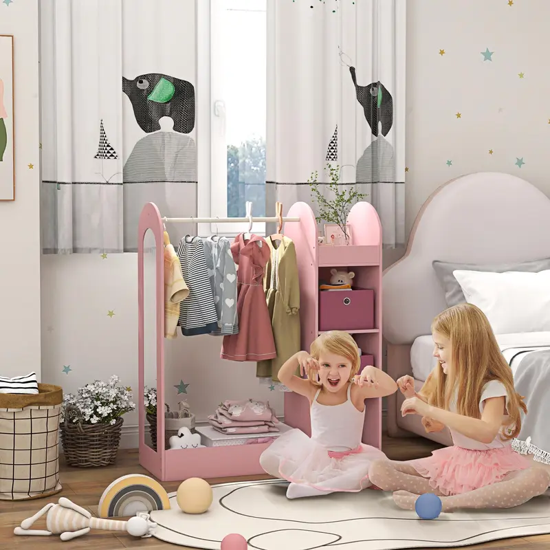AIYAPLAY Kids Clothes Rail, Dress-Up Stand with Storage Shelf, Boxes & Mirror, Wardrobe for Bedroom, Nursery, Kids Room 1