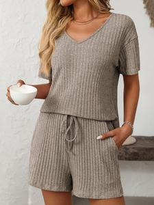 Women's Solid Ribbed Pajama Set, Casual Short Sleeve Tee & Shorts Pj Set, Ladies Sleepwear for All Seasons