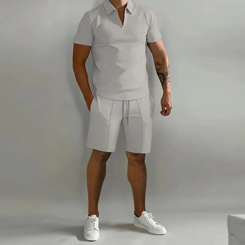 Polo Shirts For Men Adult Designer Navy Black Khaki Gray Polo Shirt Shorts Drawstring Set Summer Light And Breathable Men'S Suit Soft Loose Solid Colour Simple Hawaiian Style Menswear Overalls Fashion Business Men'S Short-Sleeved Shirt Zip Lapel Top Human