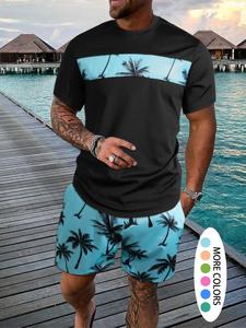 Coconut Print Tee & Shorts Set, Round Neck Short Sleeve T-shirt Tops & Drawstring Waist Shorts Set, Streetwear Men Two-piece Outfits for Beach Vacation and Daily Wear, Men's Clothing for Summer, Summer 2025 Outfits, Shortsleeve Menswear