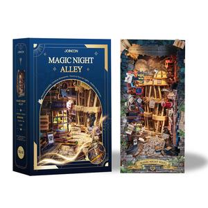 Magic Night Alley 3D Book Nook with Dust Cover, 1 Box DIY Vintage Handcrafted Wooden Bookshelf Insert DIY Miniature Kit, Bookend Stand with LED Light, Desktop Ornament for Home Office Decor