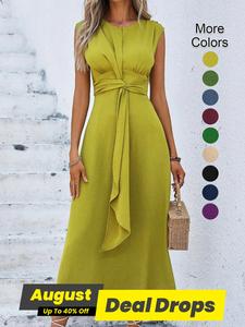 Women's Sleeveless Round Neck Solid Color Casual Summer Style Crewneck Dress, Slimming Design, Waist-Cut A-Line, Perfect for Casual & Commuting Wear